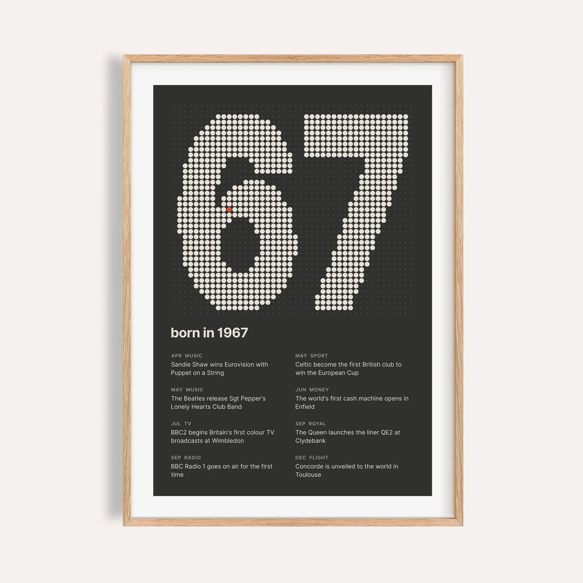 1967 print with the year built from cream dots on a plain warm wall