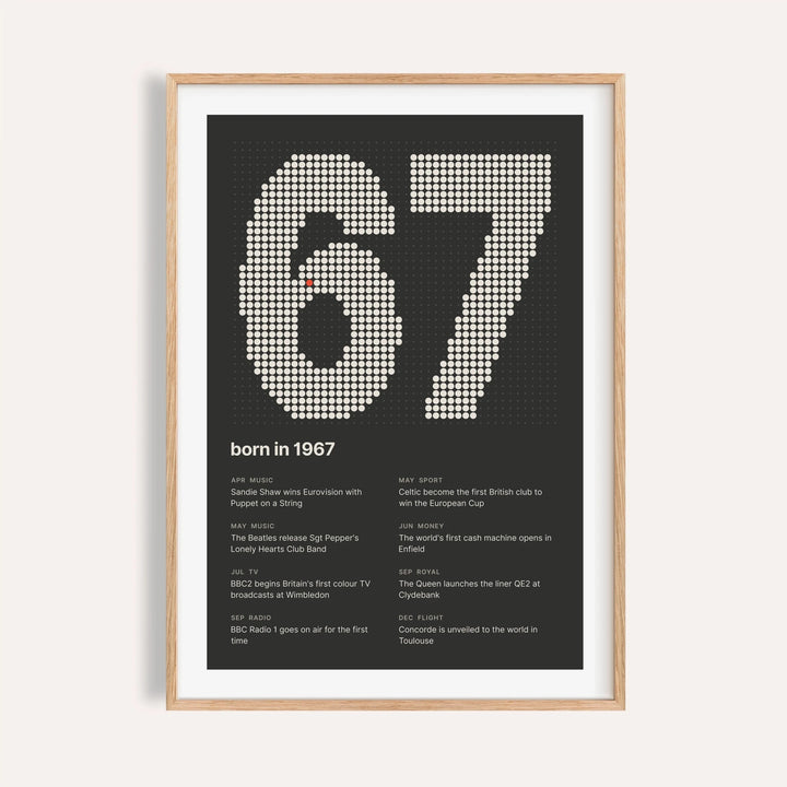 1967 print with the year built from cream dots on a plain warm wall