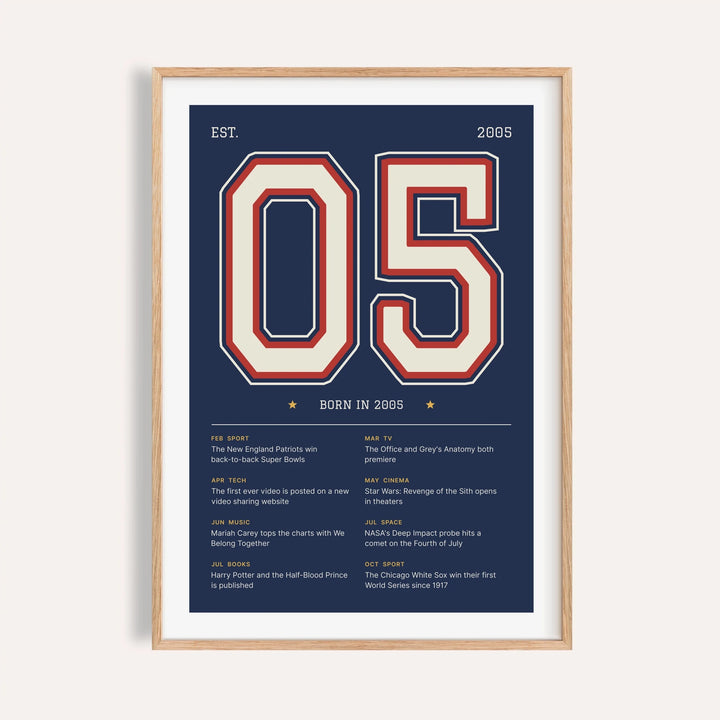 2005 print with a stitched varsity number on a plain warm wall