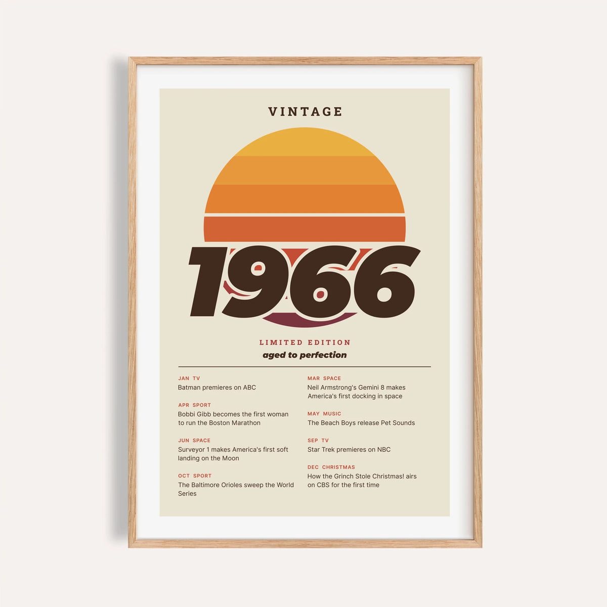 Vintage 1966 print with a retro striped sunset on a plain warm wall