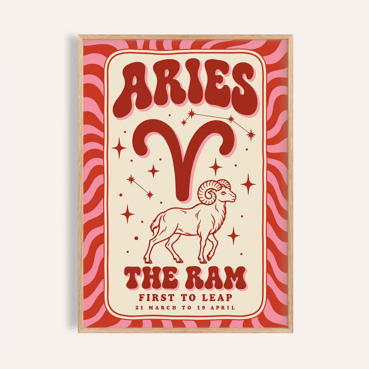 Aries print with melty ARIES lettering, a line drawn ram and wavy red and pink stripes