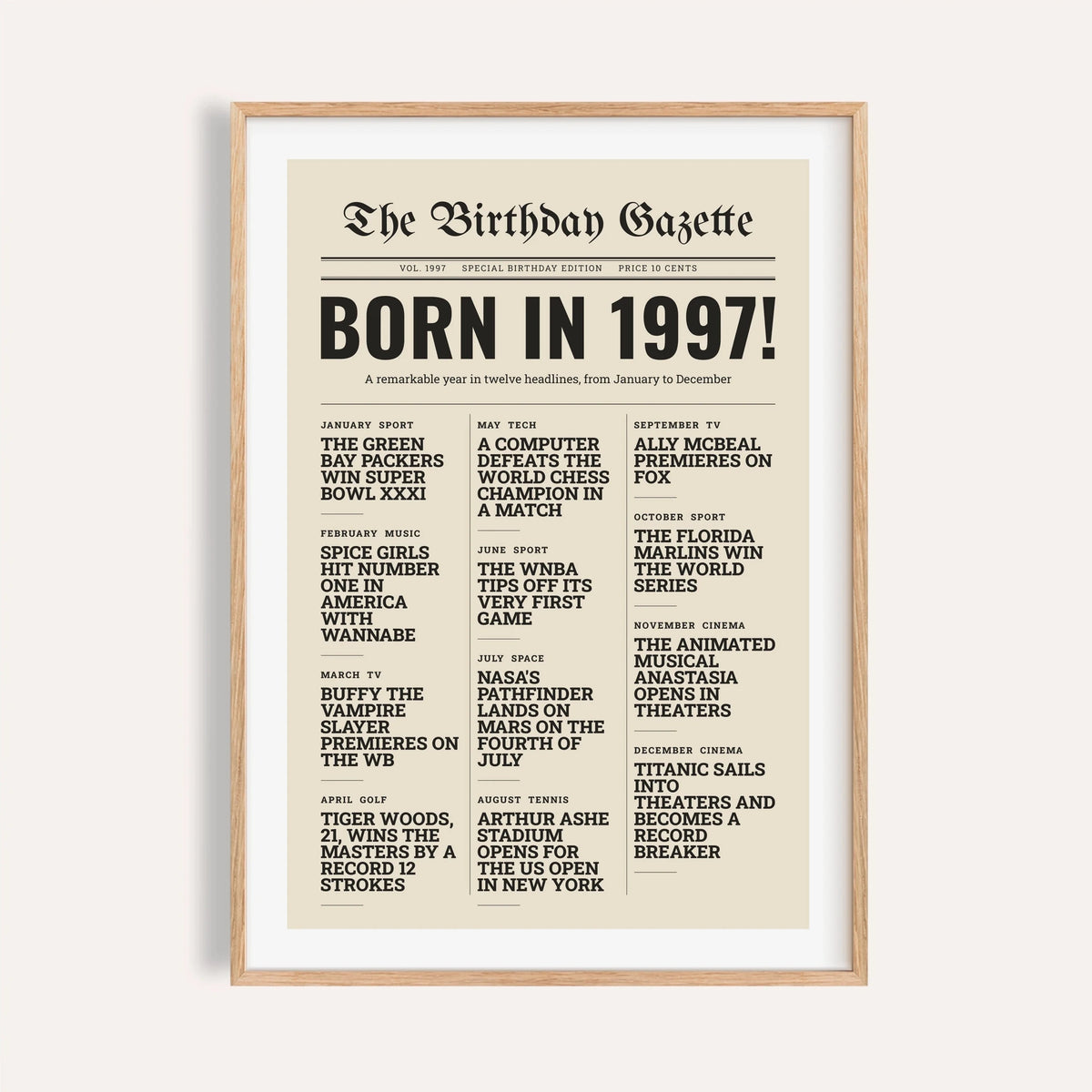1997 print styled as a newspaper front page on a plain warm wall