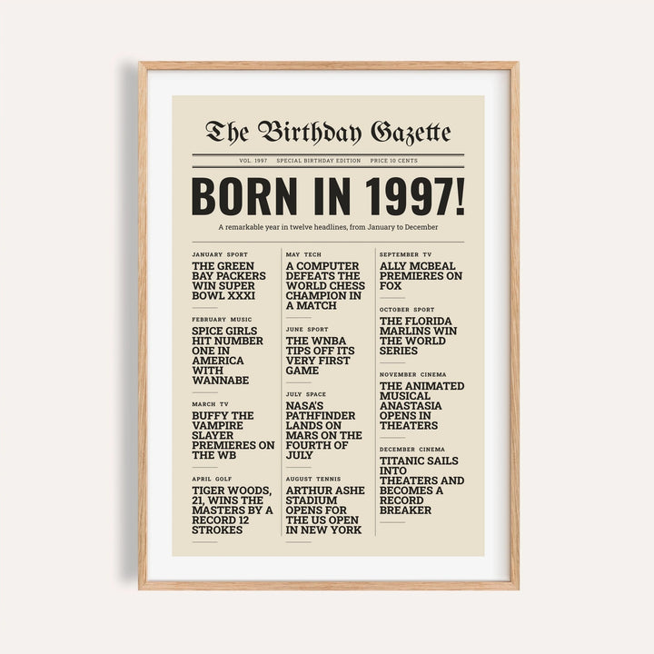 1997 print styled as a newspaper front page on a plain warm wall