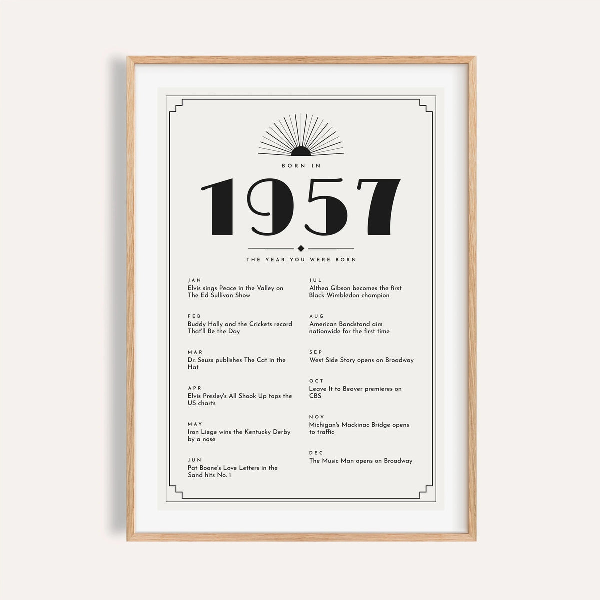 1957 Art Deco print in black on white on a plain warm wall