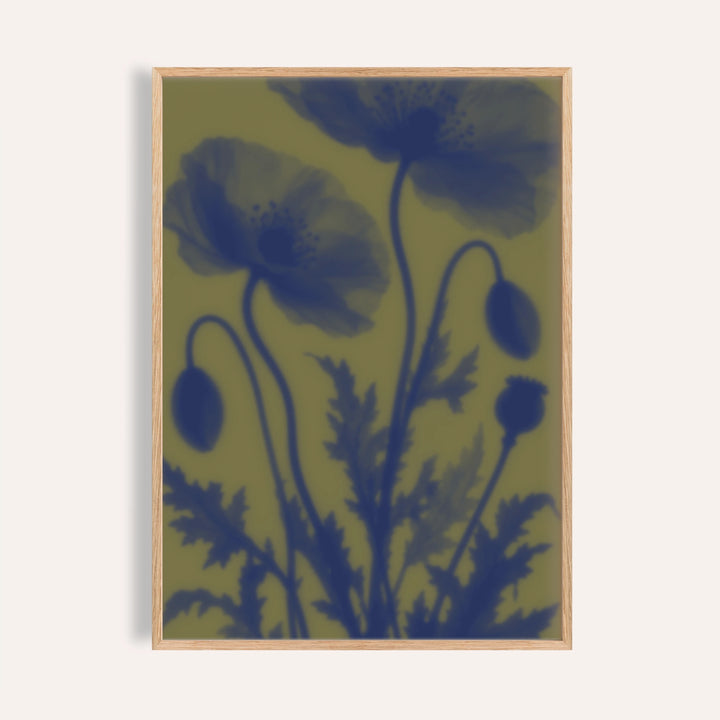 navy poppy print showing poppies in soft focus on olive green