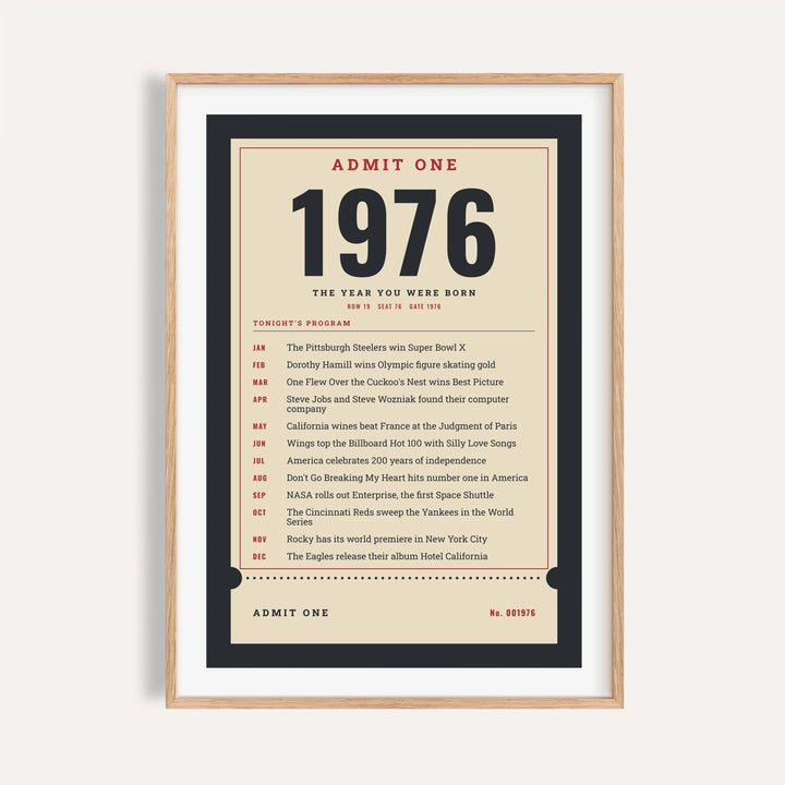 1976 print styled as an Admit One ticket on a plain warm wall
