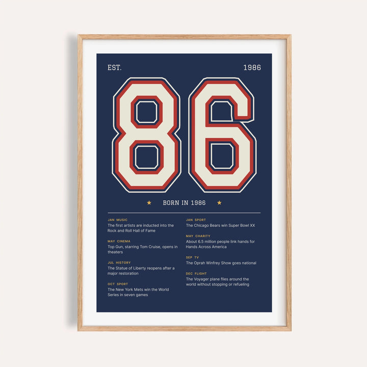 1986 print with a stitched varsity number on a plain warm wall