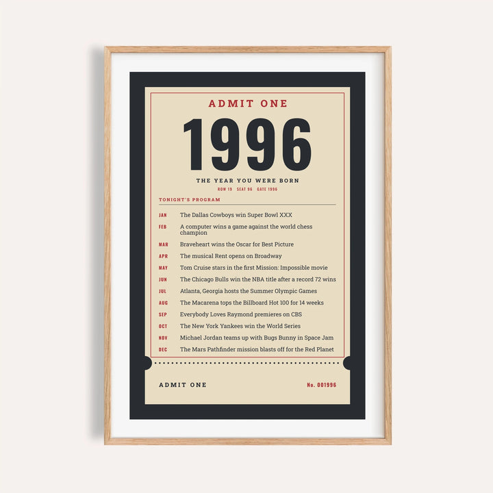 1996 print styled as an Admit One ticket on a plain warm wall