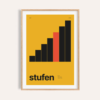 Black bars rising like steps print shown on a plain warm wall
