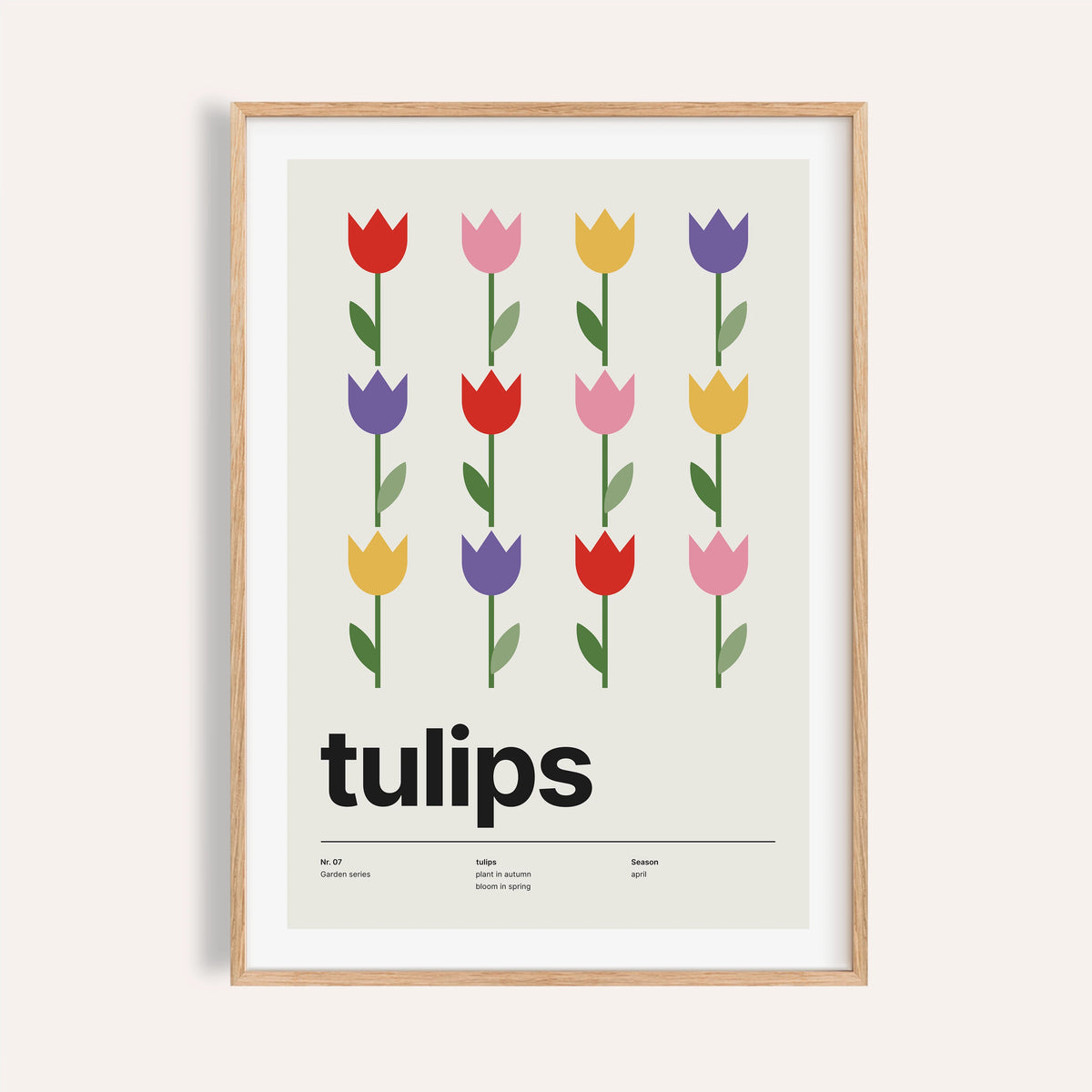 Colourful tulip print shown on a plain warm cream wall