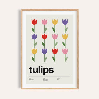 Colourful tulip print shown on a plain warm cream wall