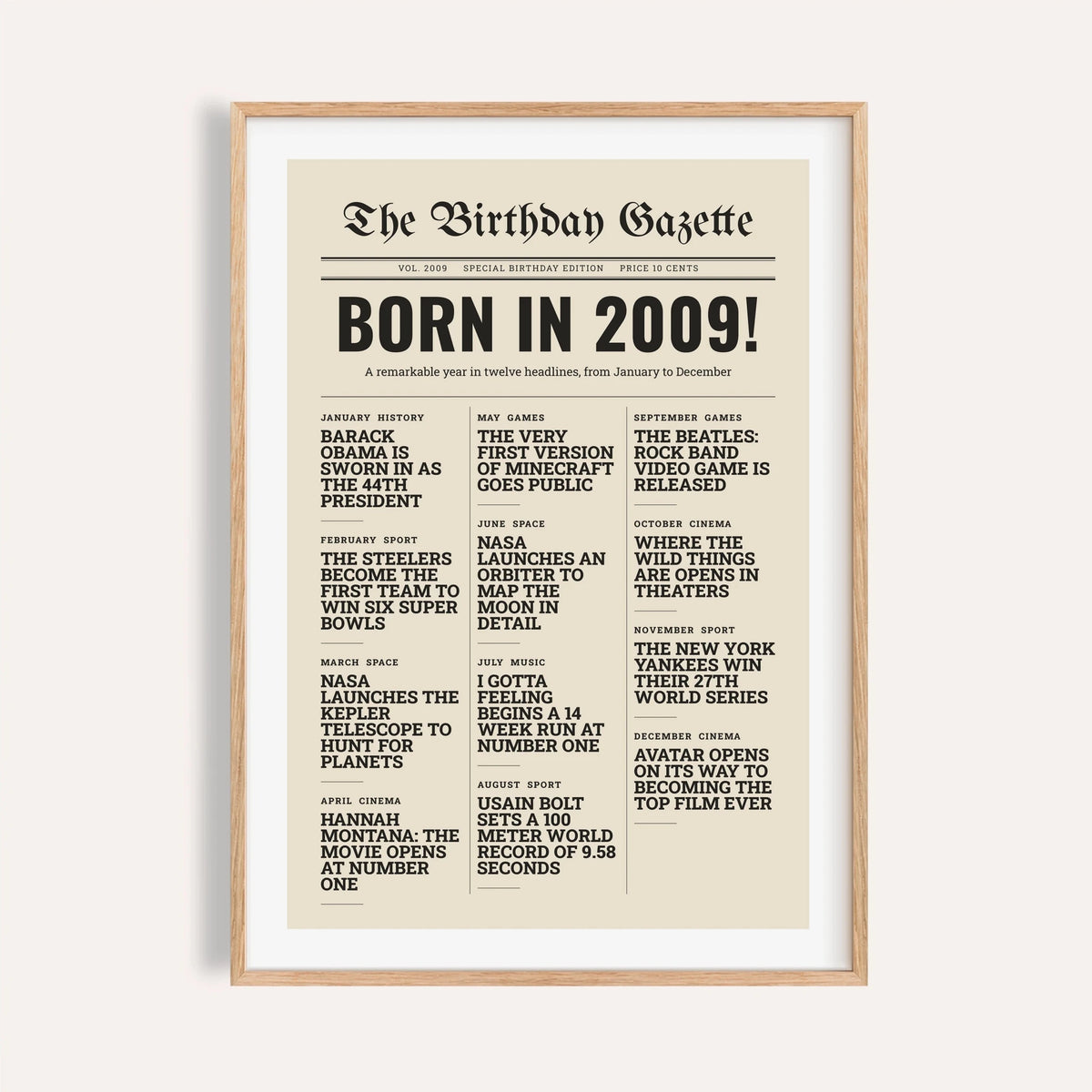 2009 print styled as a newspaper front page on a plain warm wall