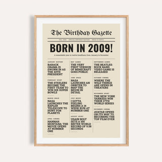 2009 print styled as a newspaper front page on a plain warm wall