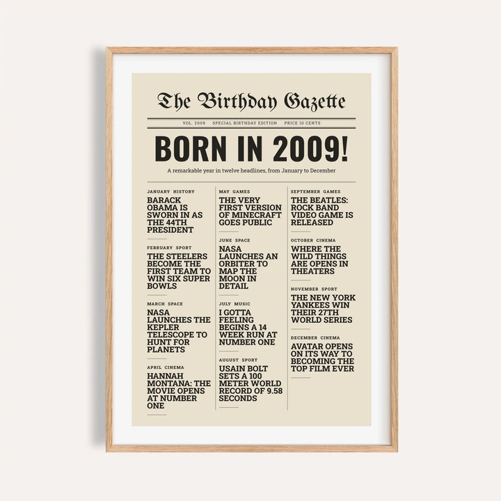 2009 print styled as a newspaper front page on a plain warm wall