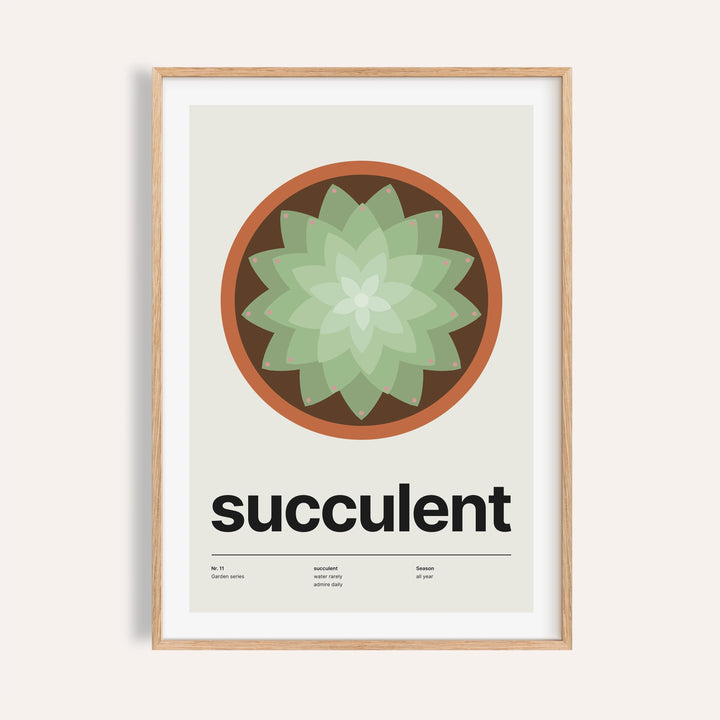 Succulent rosette print shown on a plain warm cream wall