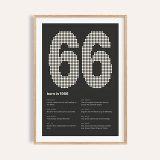 1966 print with the year built from cream dots on a plain warm wall