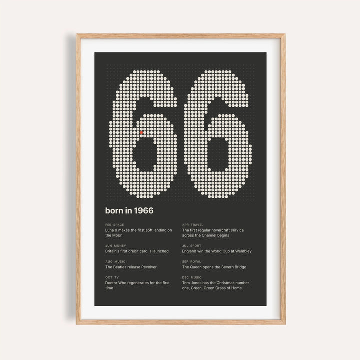 1966 print with the year built from cream dots on a plain warm wall