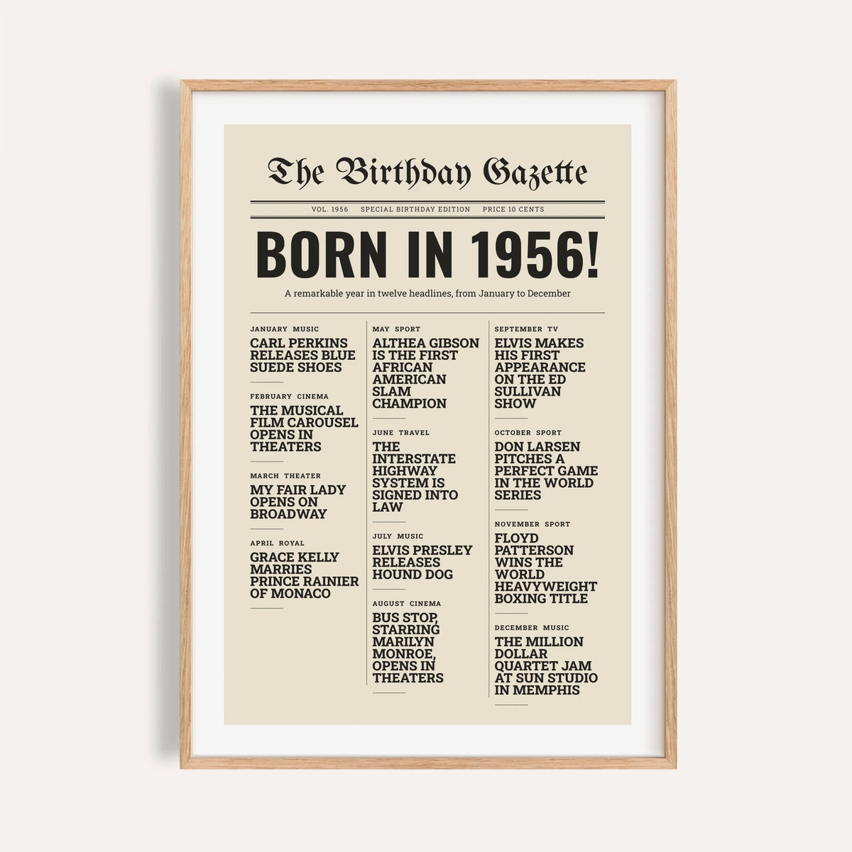 1956 print styled as a newspaper front page on a plain warm wall