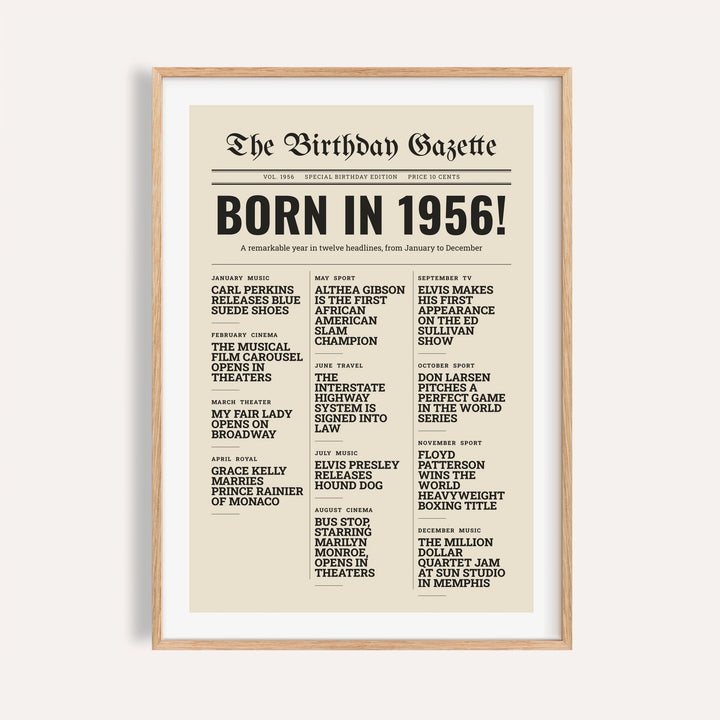 1956 print styled as a newspaper front page on a plain warm wall