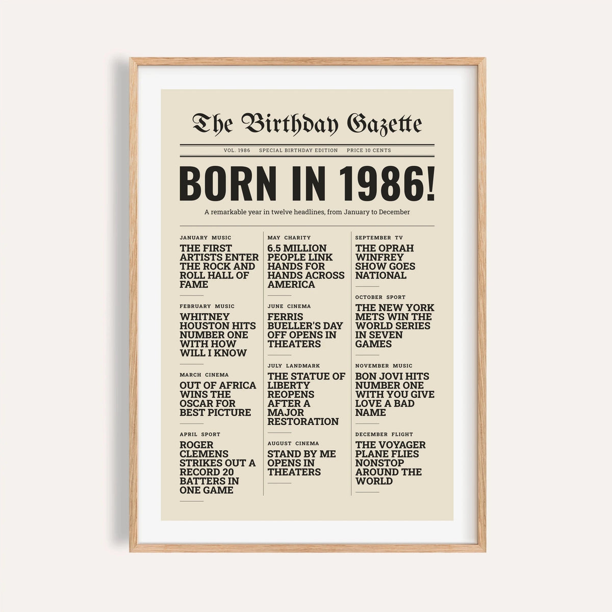 1986 print styled as a newspaper front page on a plain warm wall