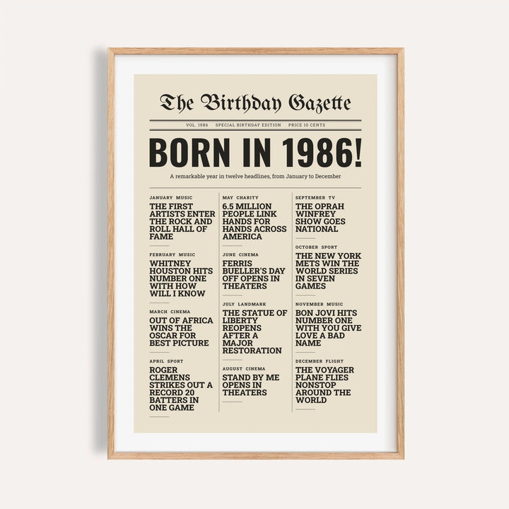 1986 print styled as a newspaper front page on a plain warm wall