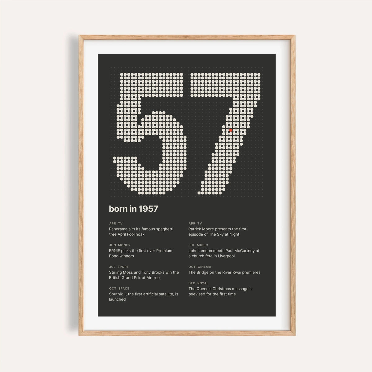 1957 print with the year built from cream dots on a plain warm wall