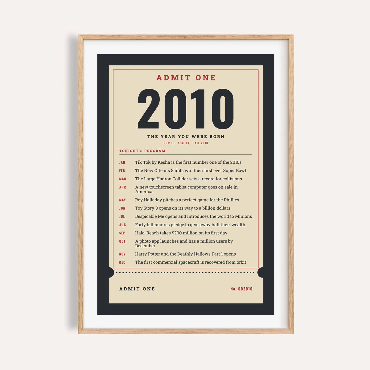 2010 print styled as an Admit One ticket on a plain warm wall