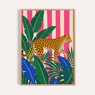 Leopard Prowl poster with a leopard walking through green and blue leaves on pink stripes