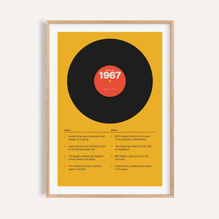 1967 print styled as a vinyl record on mustard on a plain warm wall