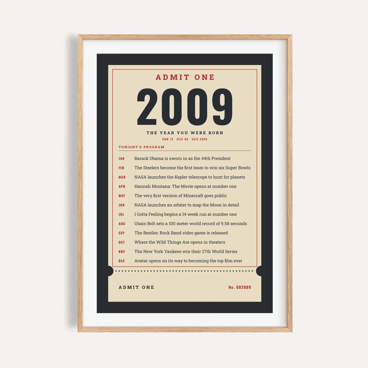 2009 print styled as an Admit One ticket on a plain warm wall