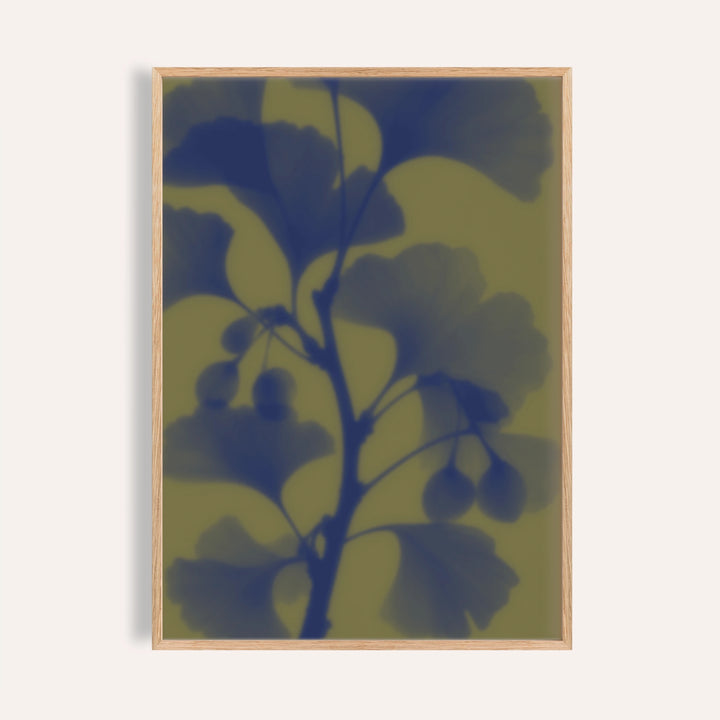navy ginkgo print showing ginkgo in soft focus on olive green