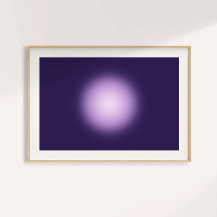 Violet print with a glowing pale pink orb on a deep violet ground
