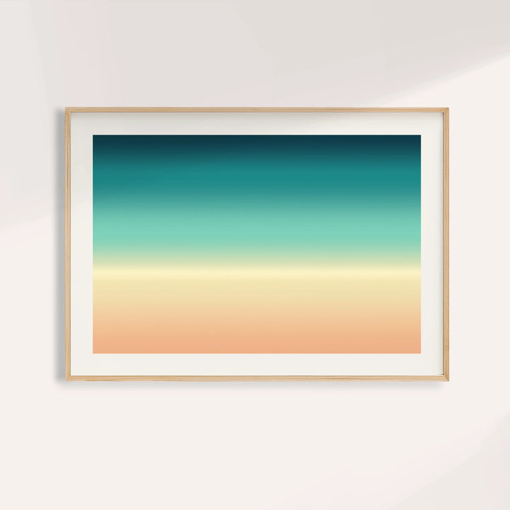 Abstract beach wall art fading from deep teal through mint to sand and peach