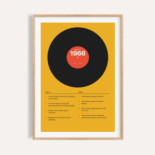 1966 print styled as a vinyl record on mustard on a plain warm wall