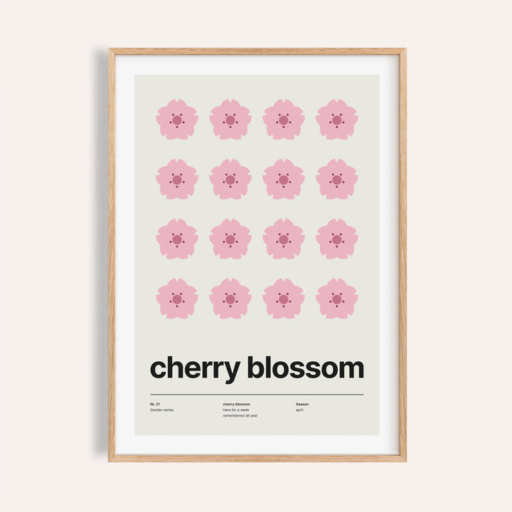 Blossom poster shown on a plain warm cream wall