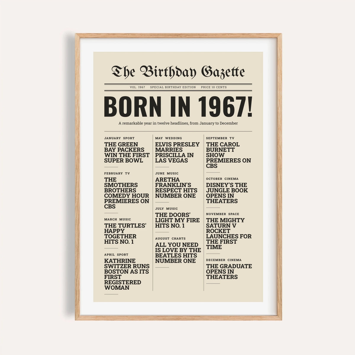 1967 print styled as a newspaper front page on a plain warm wall