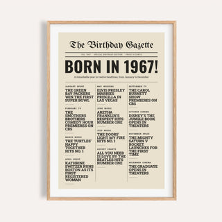 1967 print styled as a newspaper front page on a plain warm wall