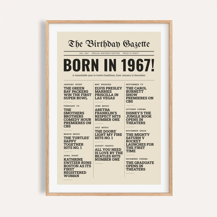 1967 print styled as a newspaper front page on a plain warm wall