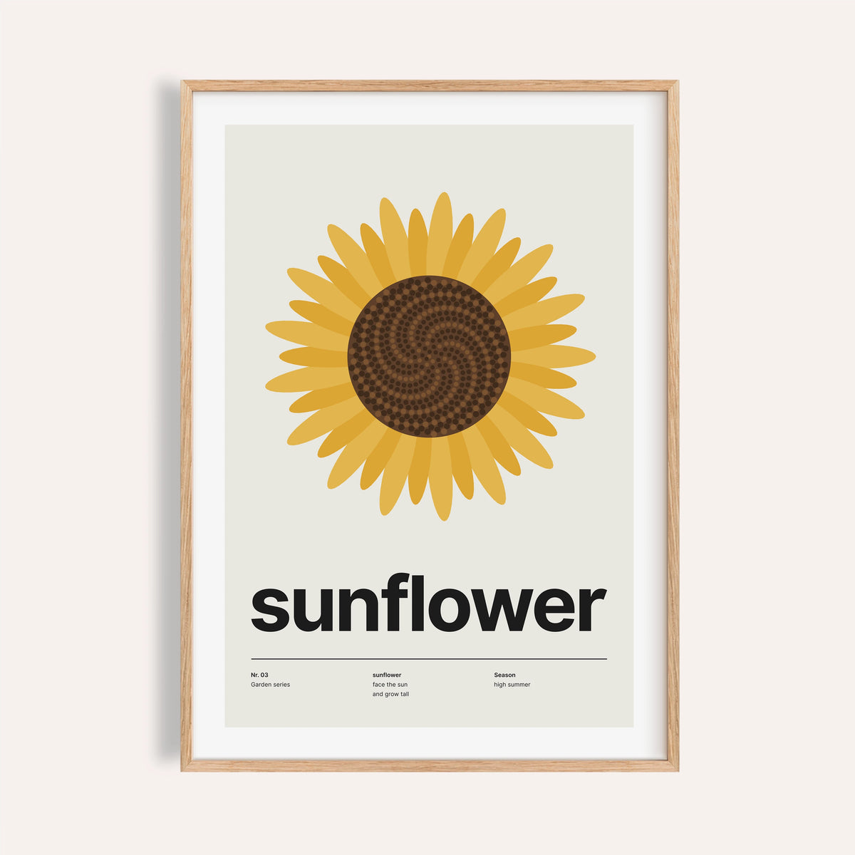 Sunflower head from above print shown on a plain warm cream wall
