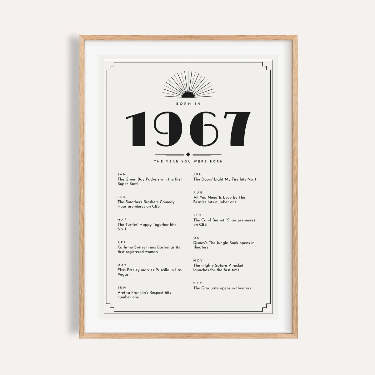1967 Art Deco print in black on white on a plain warm wall