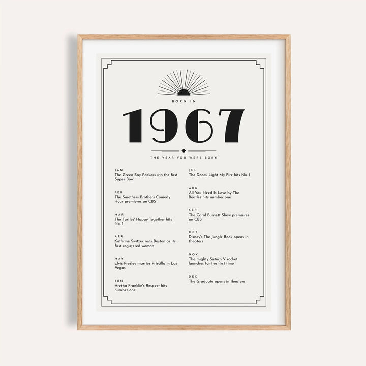 1967 Art Deco print in black on white on a plain warm wall