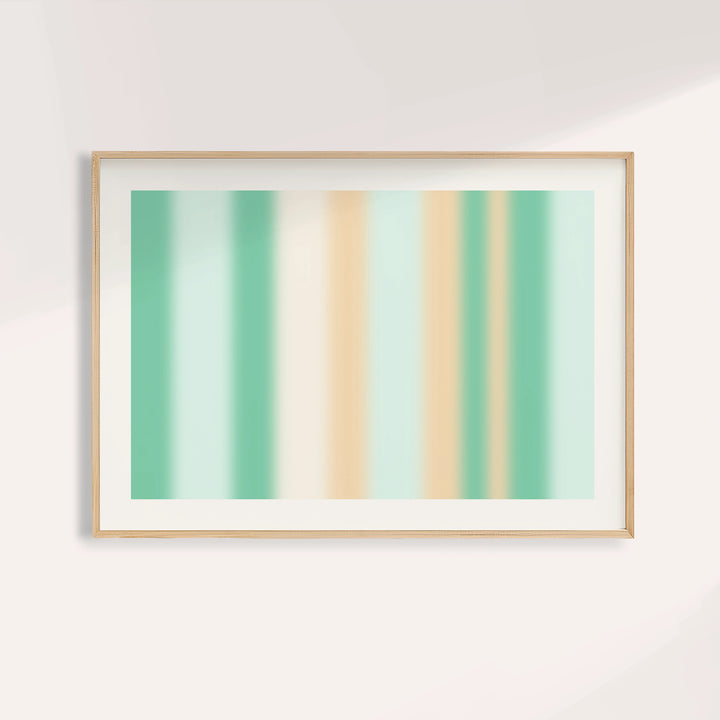 Mint green wall art with soft vertical stripes of mint, cream and peach