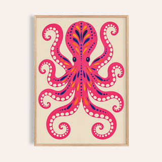 Pink Octopus print with a hot pink folk octopus and curling tentacles on sand