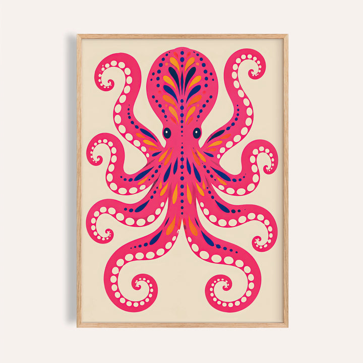 Pink Octopus print with a hot pink folk octopus and curling tentacles on sand