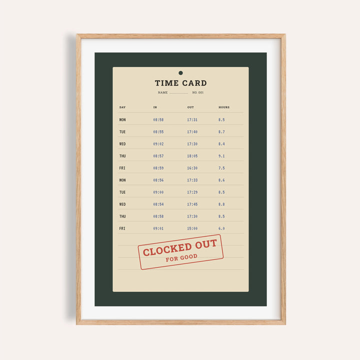 Clocked out time card print shown on a plain warm cream wall