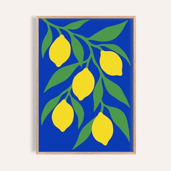 Lemon tree print on deep blue shown on a plain warm wall