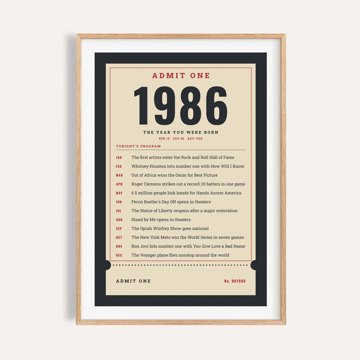 1986 print styled as an Admit One ticket on a plain warm wall