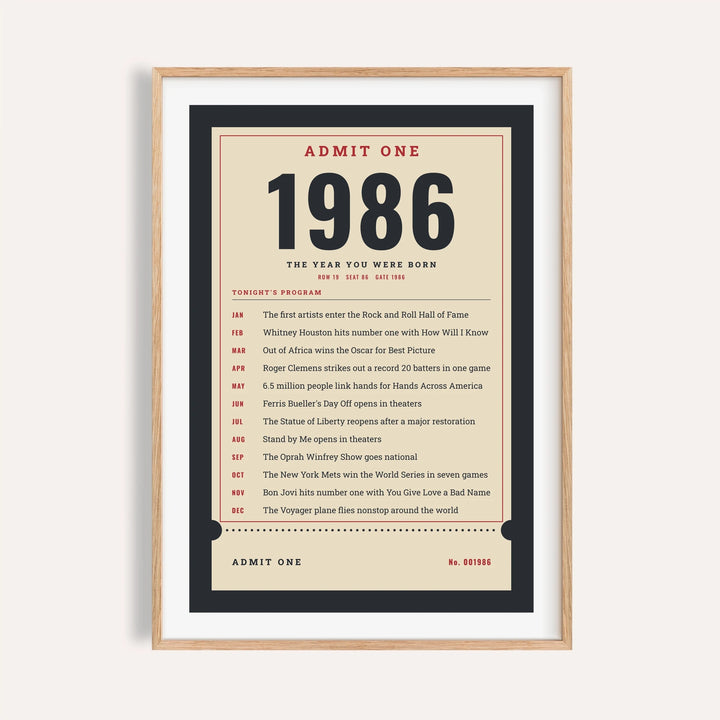 1986 print styled as an Admit One ticket on a plain warm wall