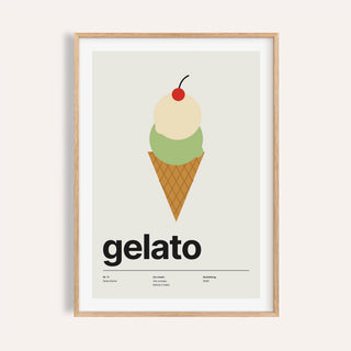 Gelato cone with cherry print shown on a plain warm wall