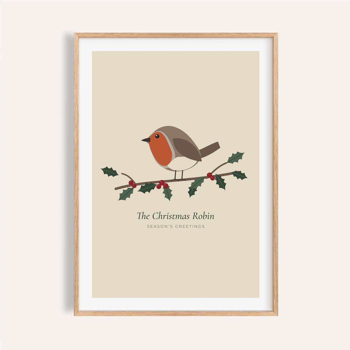 Christmas robin on holly print shown on a plain warm wall